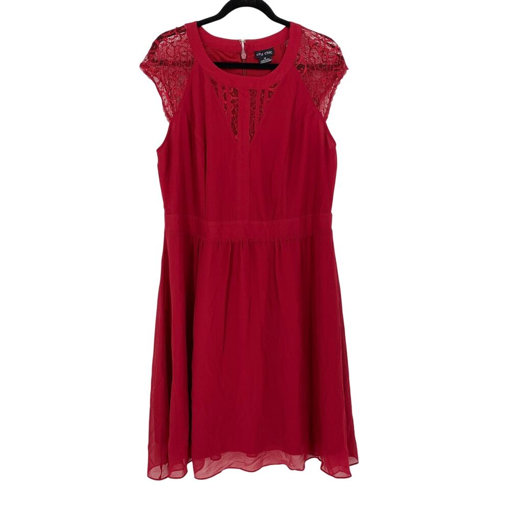 City Chic Dress Women's Size M Plus US 18 Red Fit & Flare Lace Cap Sleeves